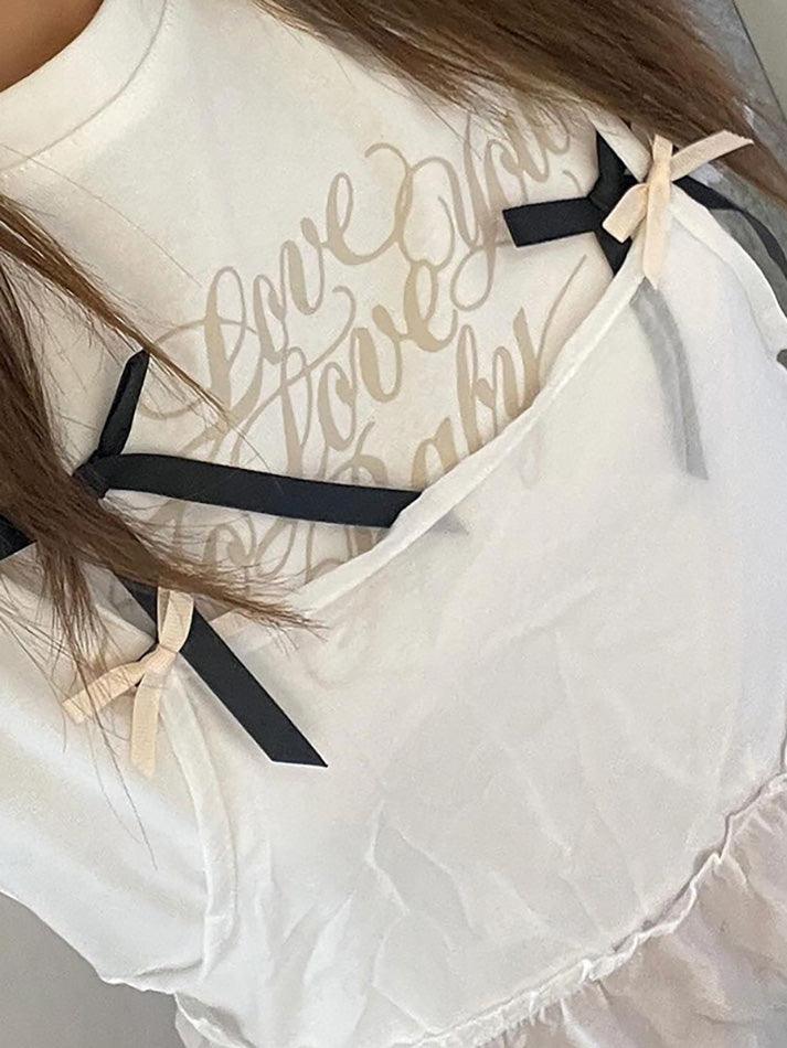 Short-Sleeve Crew Neck Lettering Bow T-Shirt