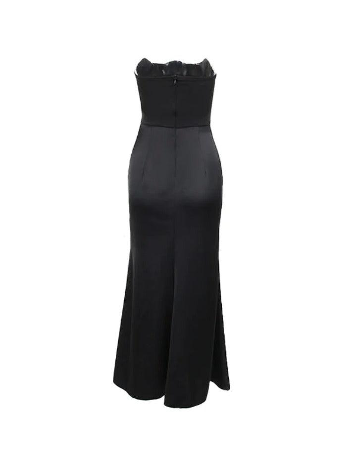 qgtao Satin Bandeau Splice Corset Ruched Maxi Dress