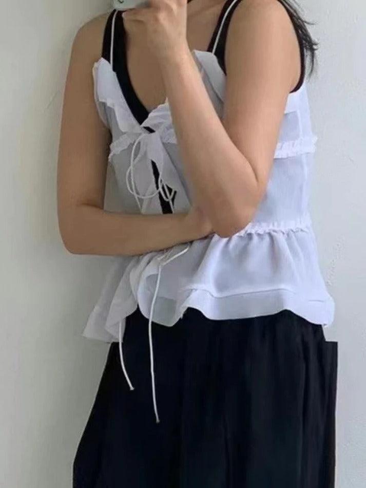 See Through Ruffled Trim Tie Up Cami Top