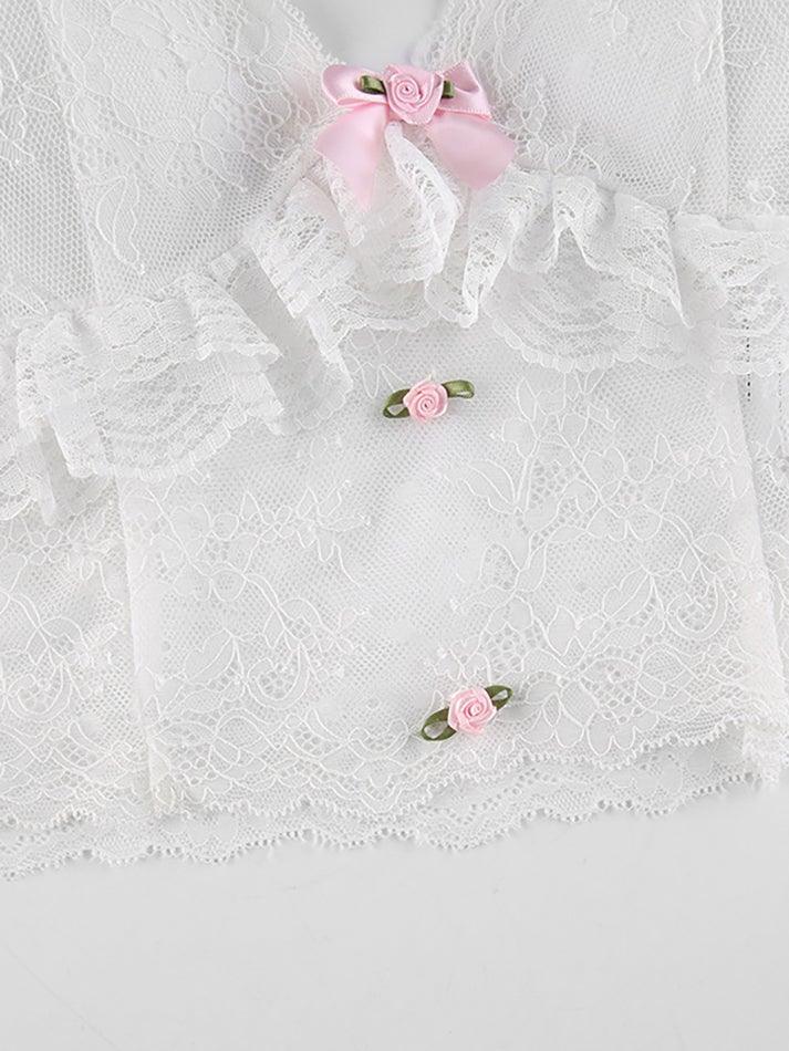 Lace Trim Mesh Bow-Knot Cami Top