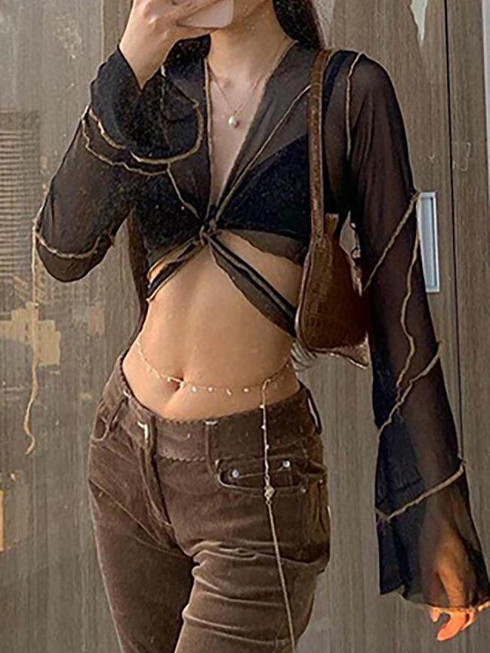 Mesh Long Sleeve Crop Blouse