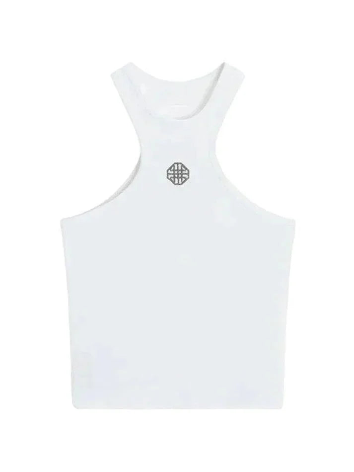 White Logo Ribbed Cropped Tank Top