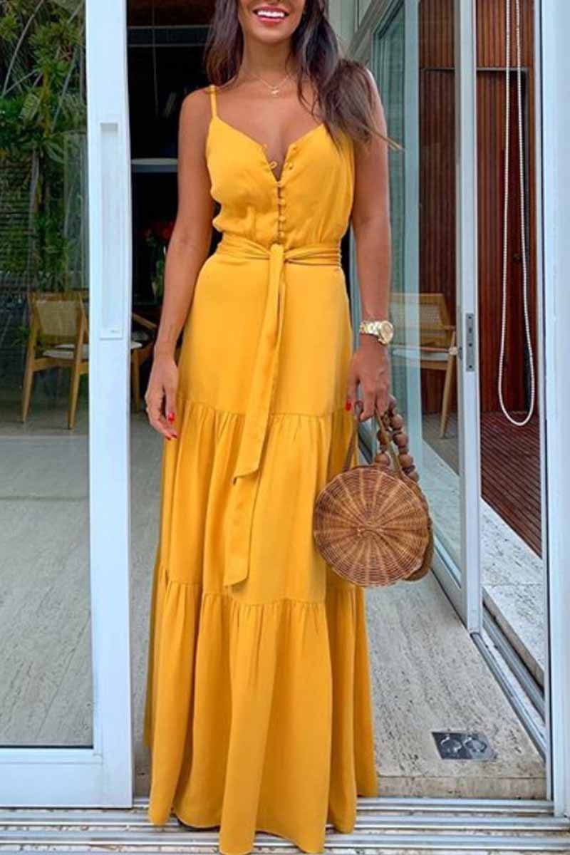 qgtao Button V-Neck Maxi Dress With Belt(3 Colors)