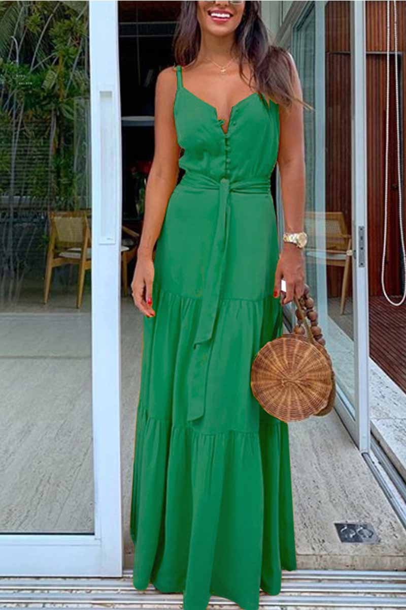 qgtao Button V-Neck Maxi Dress With Belt(3 Colors)