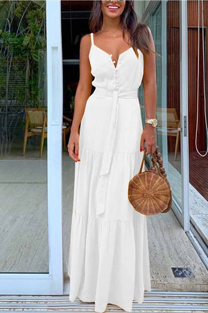 qgtao Button V-Neck Maxi Dress With Belt(3 Colors)