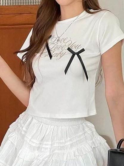 Short-Sleeve Crew Neck Lettering Bow T-Shirt