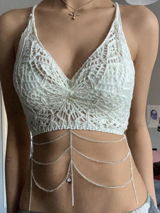 Chain Design Crochet Knit Halter Crop Cami Top