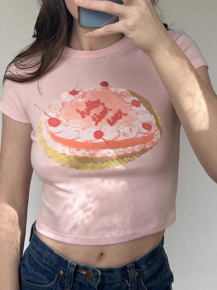 Short Sleeve Cake Print Slim-Fit Crop Top