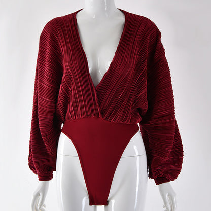 2025  Popularan station   wish Popular trade hot-selling new pleated loose V-neck long-sleeved jumpsuit spring and summer