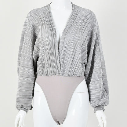 2025  Popularan station   wish Popular trade hot-selling new pleated loose V-neck long-sleeved jumpsuit spring and summer