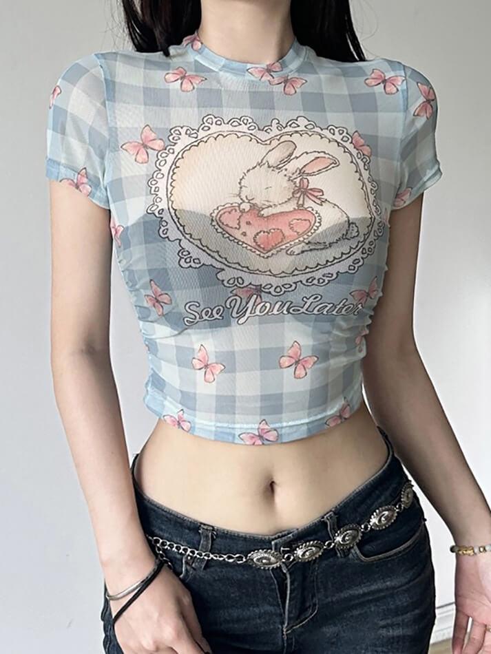 Rabbit & Lettering Print Mesh See-Through Crop Top