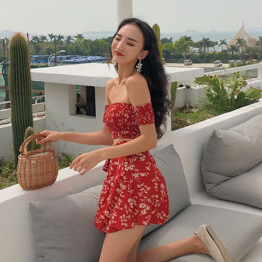 qgtao summer outfits inspo Sexy French Retro off-Neck Floral Tube Top Short Sleeve One-Piece Skirt Suit Two-Piece Set