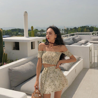 qgtao summer outfits inspo Sexy French Retro off-Neck Floral Tube Top Short Sleeve One-Piece Skirt Suit Two-Piece Set