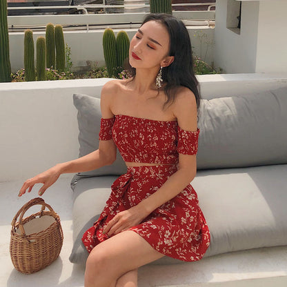qgtao summer outfits inspo Sexy French Retro off-Neck Floral Tube Top Short Sleeve One-Piece Skirt Suit Two-Piece Set