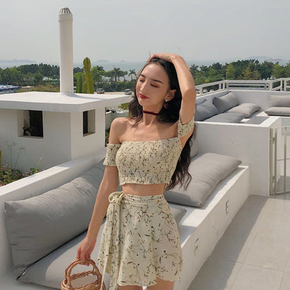 qgtao summer outfits inspo Sexy French Retro off-Neck Floral Tube Top Short Sleeve One-Piece Skirt Suit Two-Piece Set