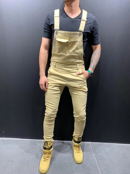 2025 2025 new tie-dyed denim overalls slim-fitting and thin men's trousers New Popularan station solid color jeans men