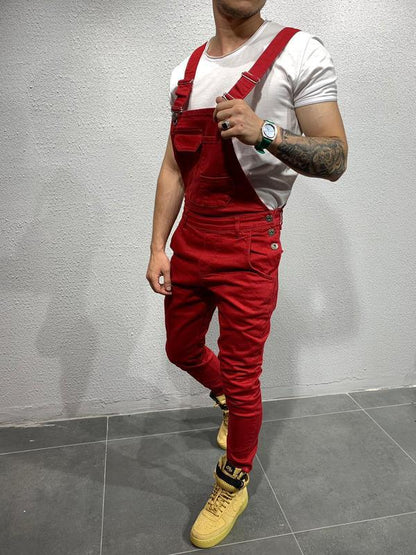 2025 2025 new tie-dyed denim overalls slim-fitting and thin men's trousers New Popularan station solid color jeans men