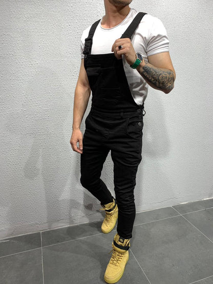 2025 2025 new tie-dyed denim overalls slim-fitting and thin men's trousers New Popularan station solid color jeans men