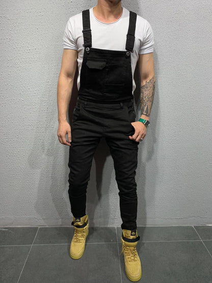 2025 2025 new tie-dyed denim overalls slim-fitting and thin men's trousers New Popularan station solid color jeans men