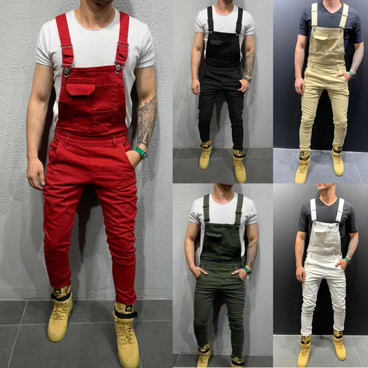 2025 2025 new tie-dyed denim overalls slim-fitting and thin men's trousers New Popularan station solid color jeans men