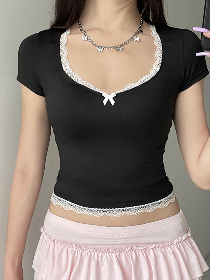 Bow Accent Lace-Trim Plain Slim-Fit Crop Top