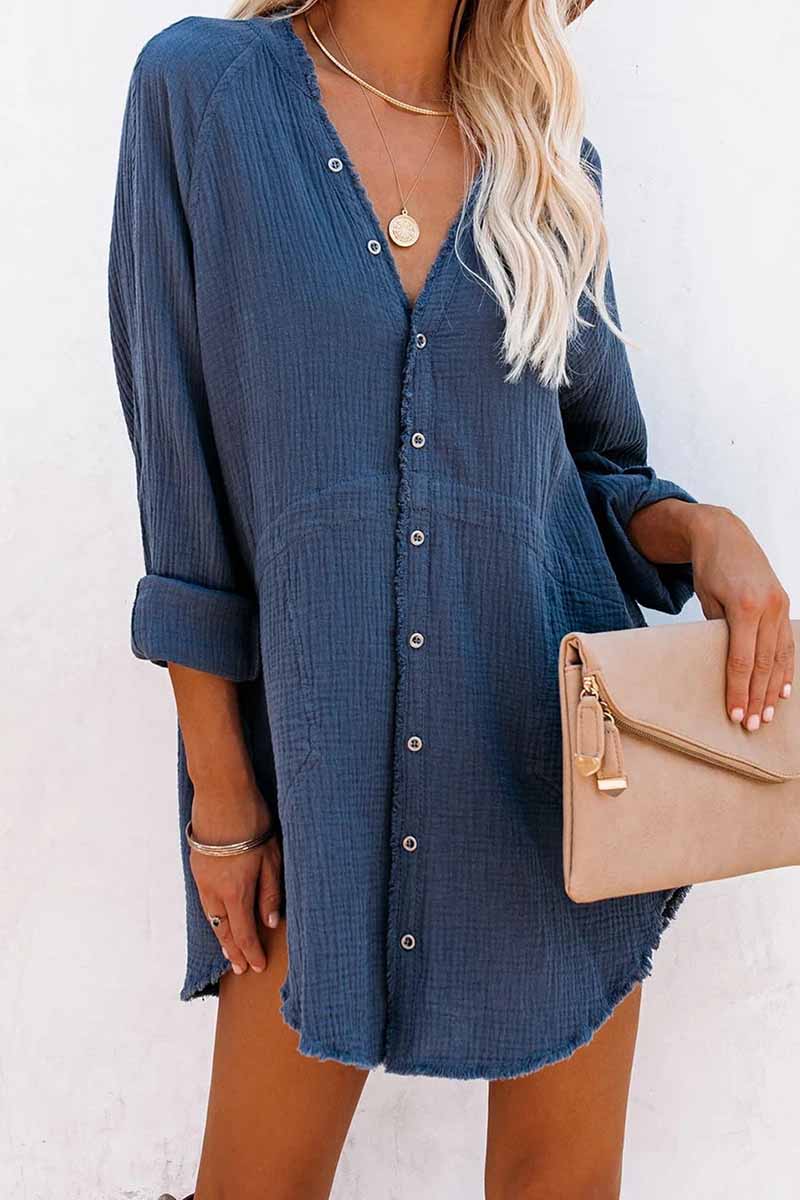 qgtao Seersucker Fringed Long Sleeves Mini Dresses