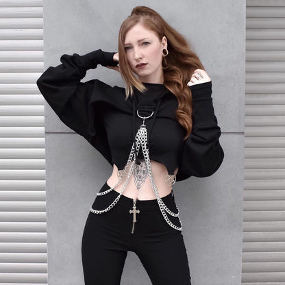 qgtao hipster 82118 Summer New Women's Short Personalized Sweater Street Hot Girl All-Match Chain Slim Top for Women