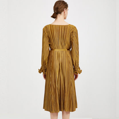 Customized new summer square collar design golden yellow dress with lace-up waist petal a-word skirt women's creative style