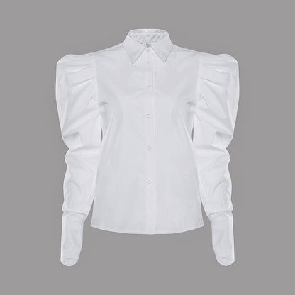 2025 white bubble sleeve shirt top women's Popular trade loose popular autumn new retro professional long-sleeved shirt
