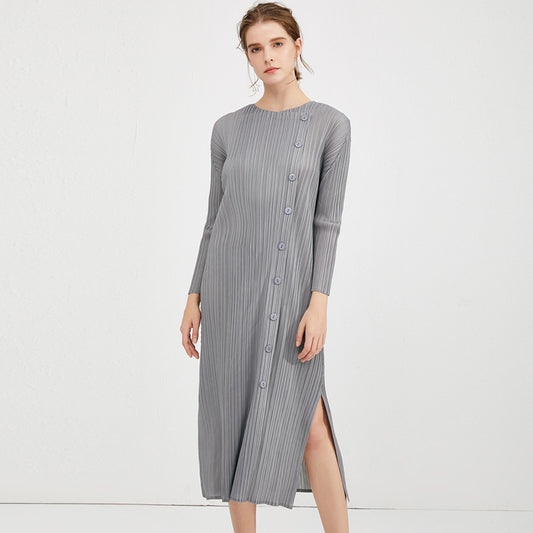 2025 Spring Miyake Clothing New Simple Button Medium and Long Basic Dress Fashion Women's Clothing Split Design