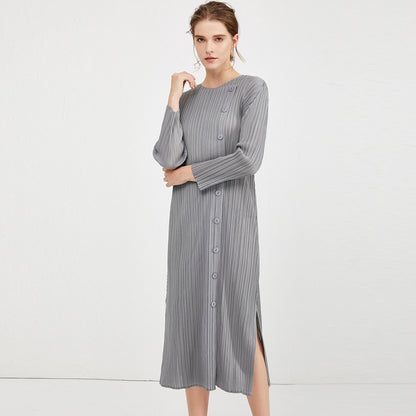 2025 Spring Miyake Clothing New Simple Button Medium and Long Basic Dress Fashion Women's Clothing Split Design