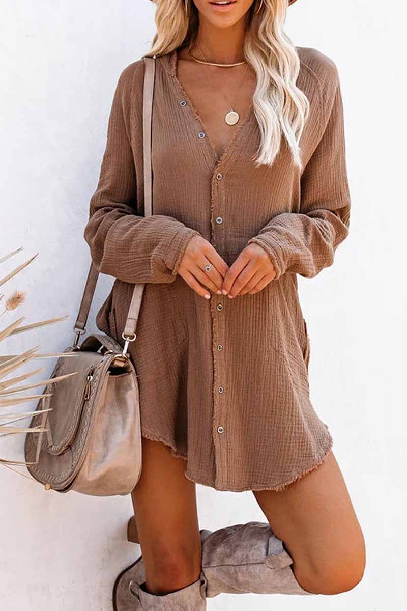 qgtao Seersucker Fringed Long Sleeves Mini Dresses