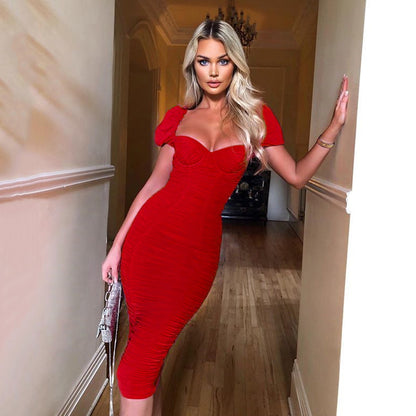 2025  women's clothing autumn New hot-selling sexy chest retro style temptation solid color bubble backless tight dress