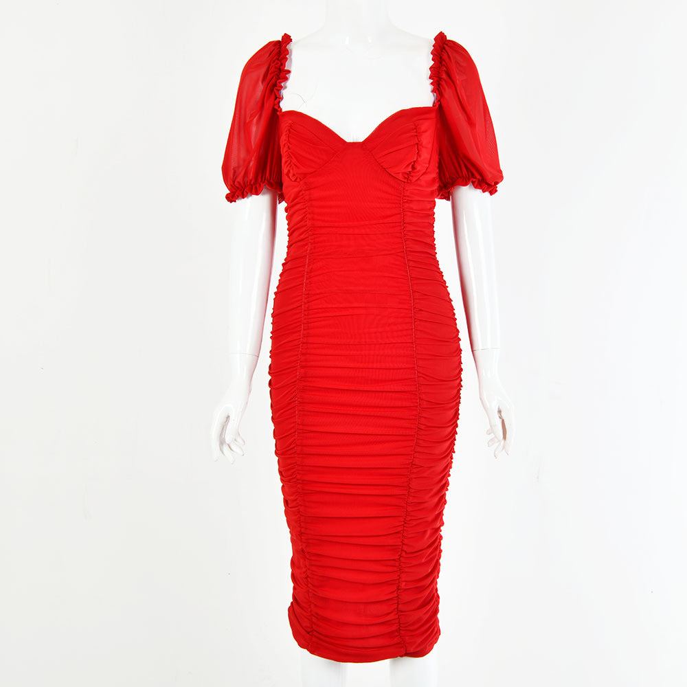 2025  women's clothing autumn New hot-selling sexy chest retro style temptation solid color bubble backless tight dress