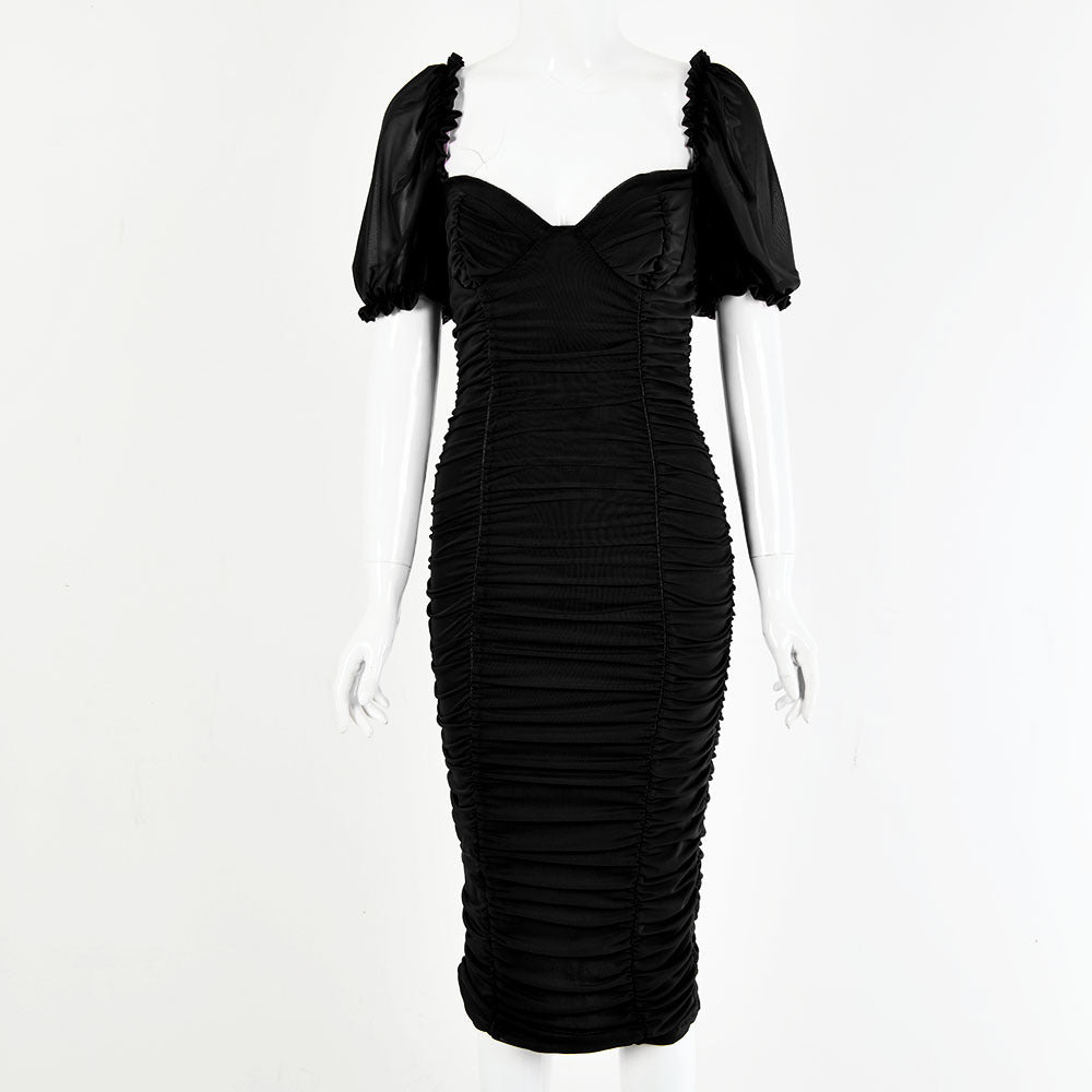 2025  women's clothing autumn New hot-selling sexy chest retro style temptation solid color bubble backless tight dress