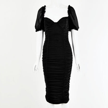 2025  women's clothing autumn New hot-selling sexy chest retro style temptation solid color bubble backless tight dress
