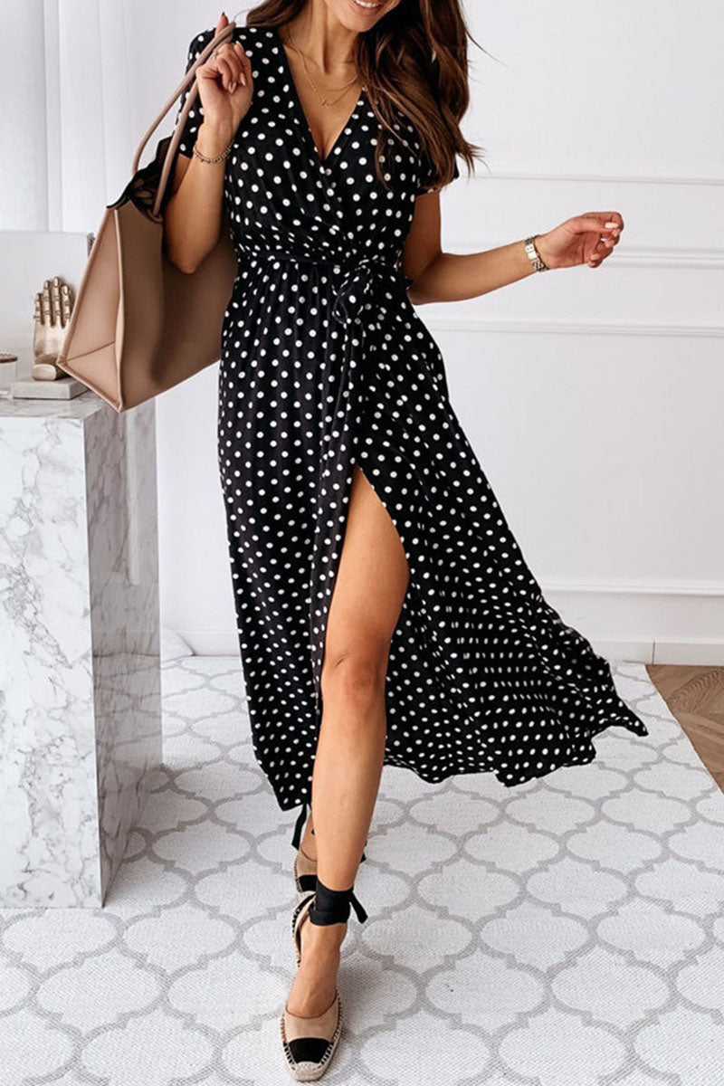 Fashion Sexy Dot Slit V Neck Printed Dresses(4 Colors)