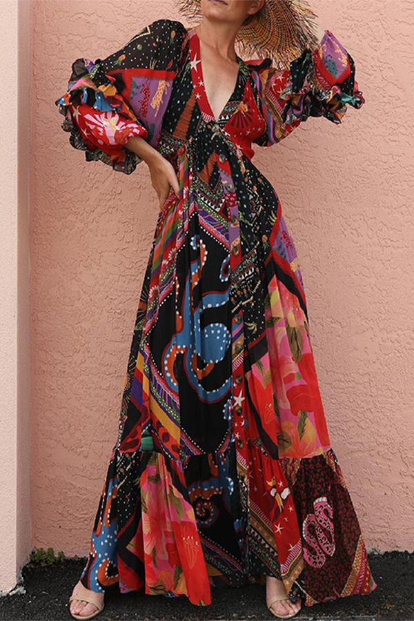 Bohemian Patchwork Buckle Flounce V Neck Dresses