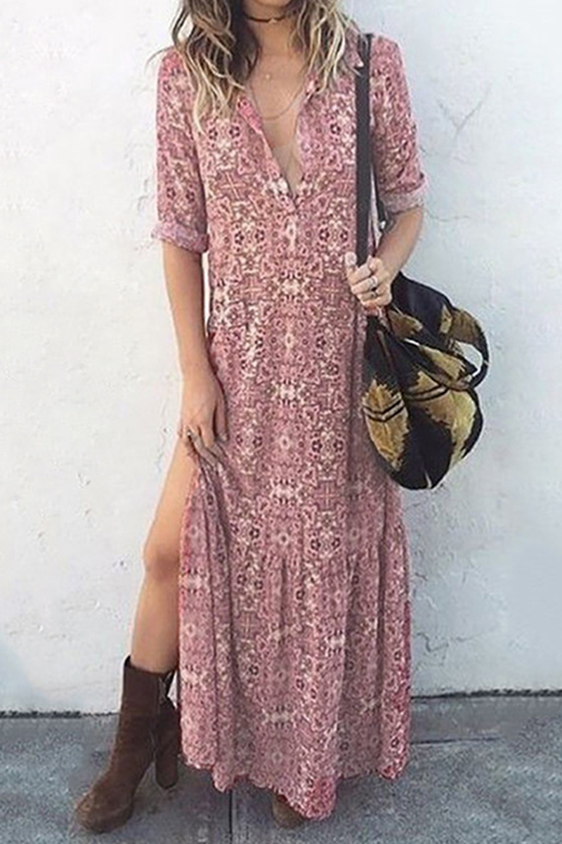 Casual Print Buckle Slit O Neck Dresses