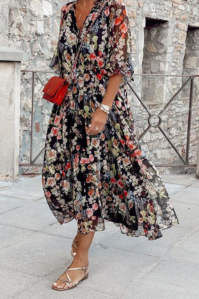 Casual Print Patchwork V Neck Cake Skirt Dresses