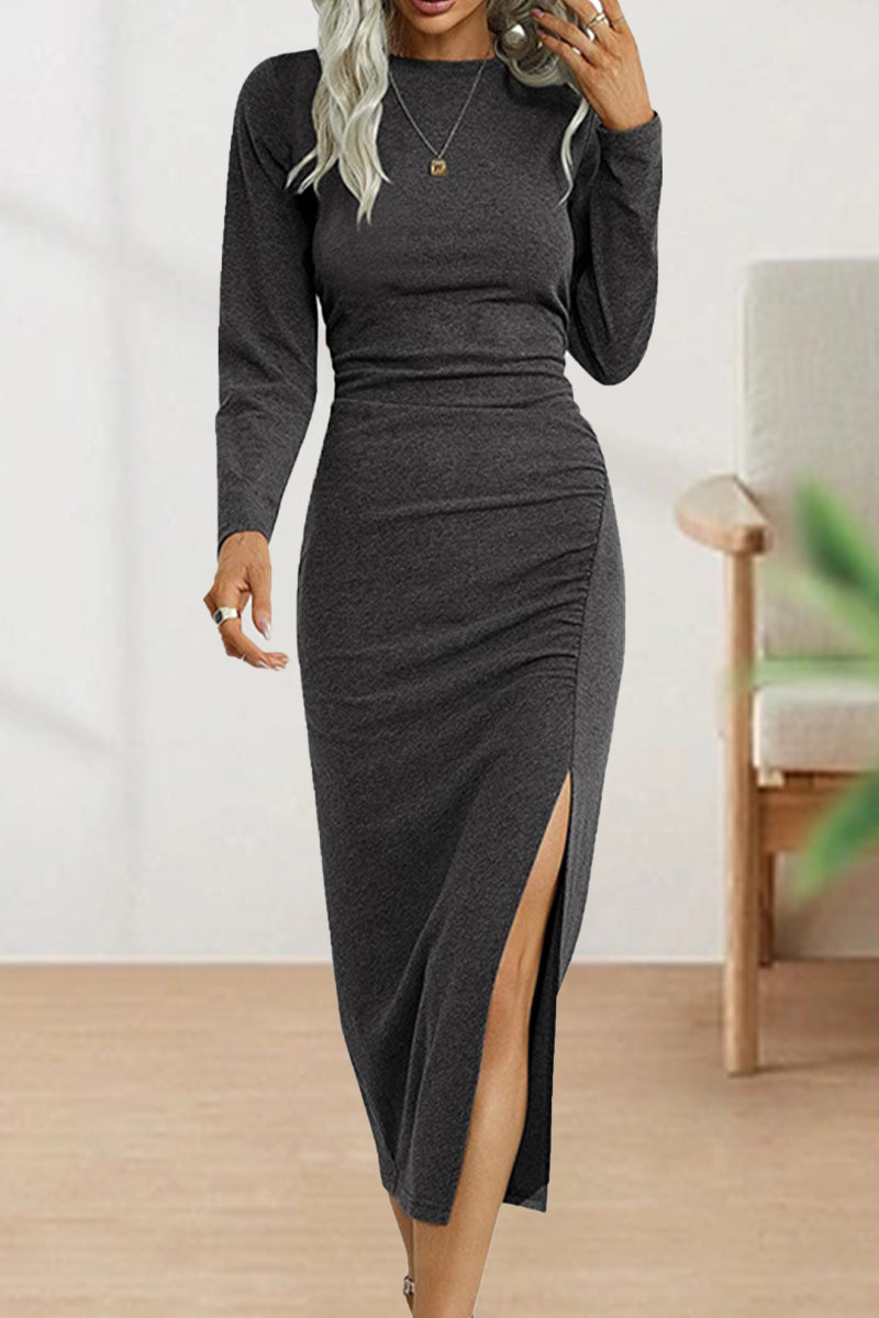 Sweet Elegant Solid Fold O Neck Sheath Dresses(6 Colors)