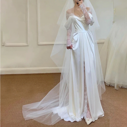 qgtao Off Shoulder Lace Wedding Gowns Big Size Custom Made A Line Long Sleeves Ruched Satin High Slit Bridal Dress
