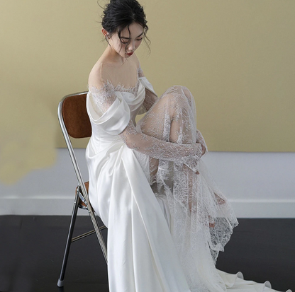 qgtao Off Shoulder Lace Wedding Gowns Big Size Custom Made A Line Long Sleeves Ruched Satin High Slit Bridal Dress