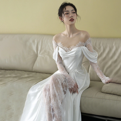 qgtao Off Shoulder Lace Wedding Gowns Big Size Custom Made A Line Long Sleeves Ruched Satin High Slit Bridal Dress