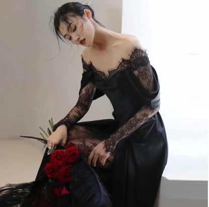 qgtao Off Shoulder Lace Wedding Gowns Big Size Custom Made A Line Long Sleeves Ruched Satin High Slit Bridal Dress