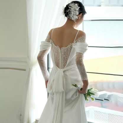 qgtao Off Shoulder Lace Wedding Gowns Big Size Custom Made A Line Long Sleeves Ruched Satin High Slit Bridal Dress