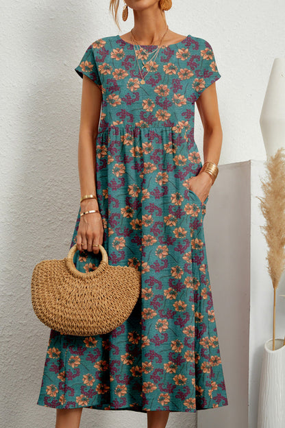 Casual Floral Pocket O Neck Printed Dress Dresses(8 Colors)