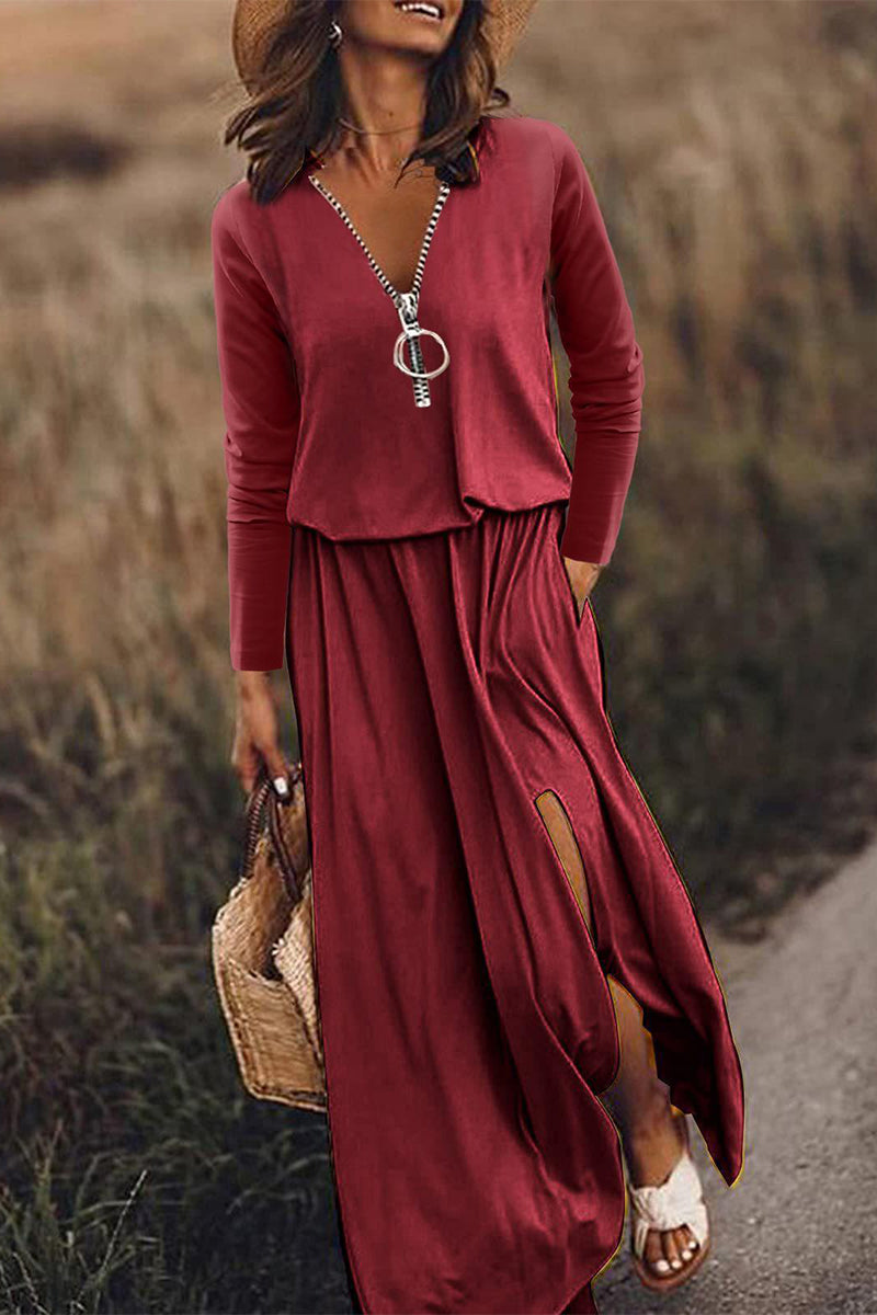 Casual Patchwork Zipper V Neck Irregular Dress Dresses