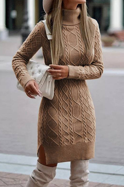 Elegant Solid Slit Weave Turtleneck Long Sleeve Dresses(5 Colors)