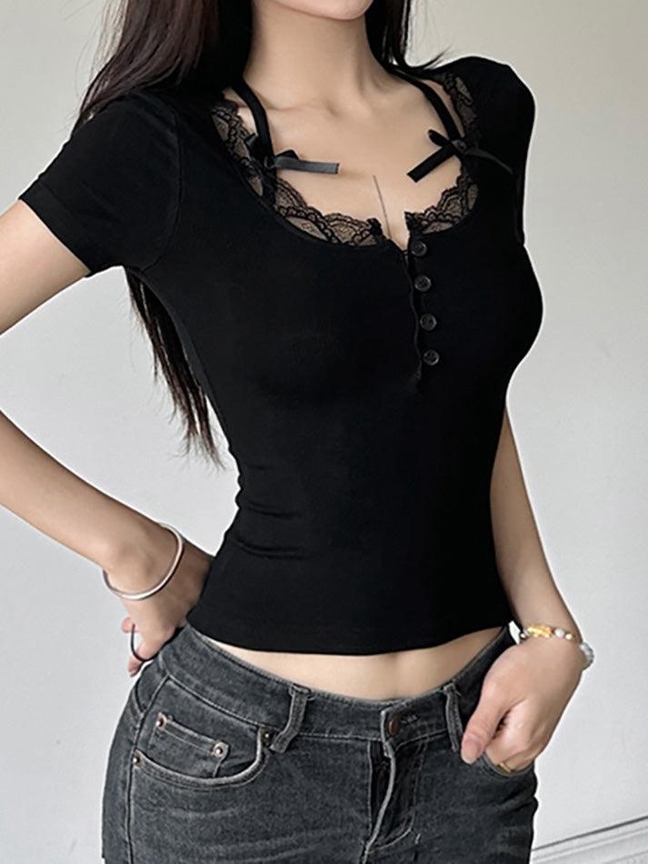 Bow Accent Lace-Trim Half-Button Plain Slim-Fit Crop Top